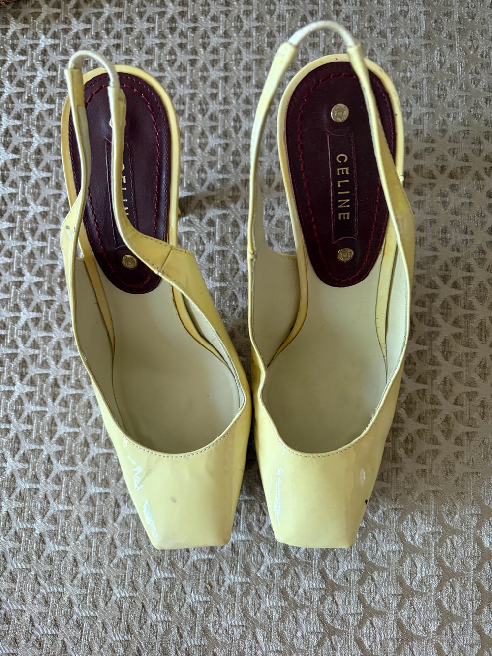 Celine Yellow Patent Leather Square-Toe Slingback Pumps
